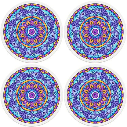 4" Round Ceramic Coasters - Mandala Fish, 4/Box, 2/Case, 8 Pieces - Christmas by Krebs Wholesale
