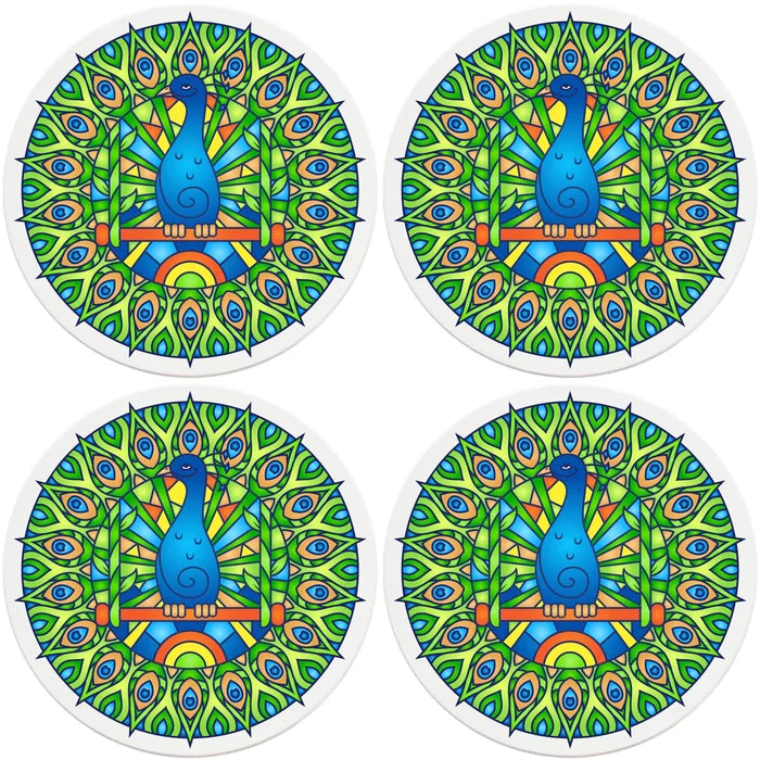 4" Round Ceramic Coasters - Mandala Peacock, 4/Box, 2/Case, 8 Pieces - Christmas by Krebs Wholesale
