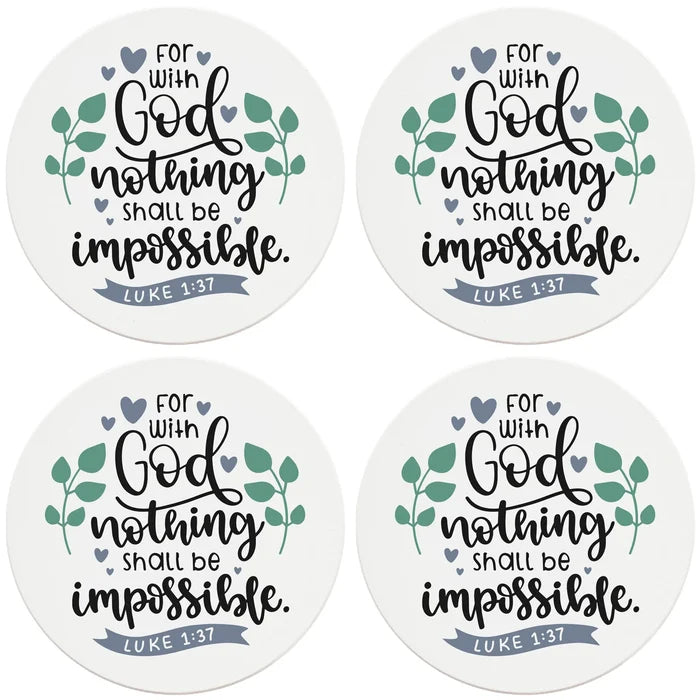 4" Round Ceramic Coasters - With God Nothing Is Impossible, 4/Box, 2/Case, 8 Pieces - Christmas by Krebs Wholesale