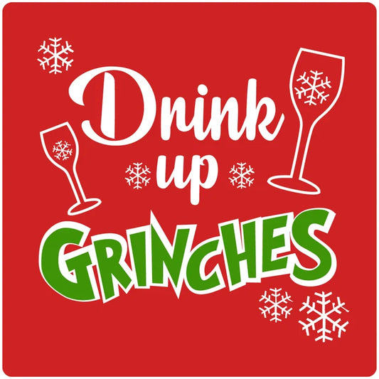 4" Square Cermaic Christmas Humor Coaster Set, Drink Up Grinches Red, 2 Sets of 4, 8 Pieces - Christmas by Krebs Wholesale