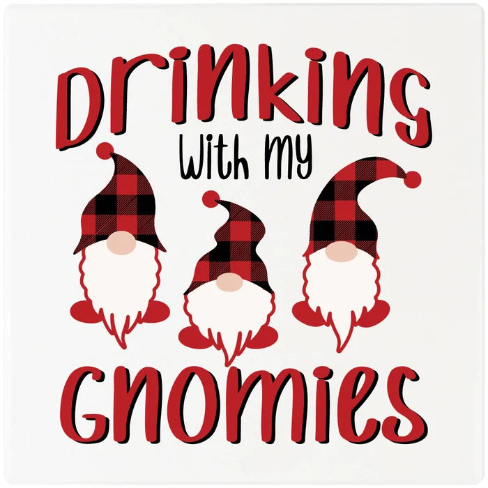 4" Square Cermaic Christmas Humor Coaster Set, Drinking With My Gnomies, 2 Sets of 4, 8 Pieces - Christmas by Krebs Wholesale