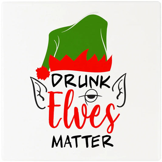4" Square Cermaic Christmas Humor Coaster Set, Drunk Elves Matter, 2 Sets of 4, 8 Pieces - Christmas by Krebs Wholesale