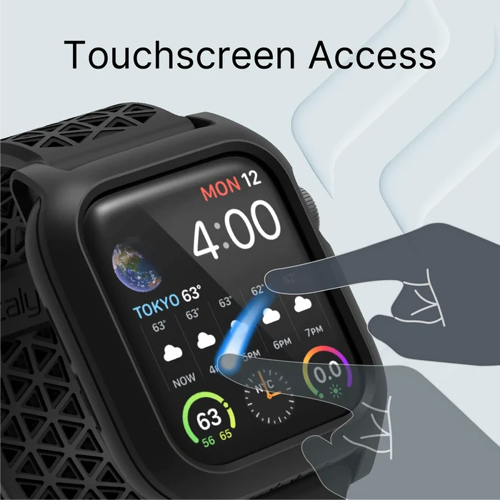 The Catalyst Case US 40mm Rugged Case + Band for Apple Watch Series 6/5/4/SE (Gen 2/1) in black offers durable protection. A translucent hand icon shows touchscreen access to time, date, Tokyo weather, and health stats.