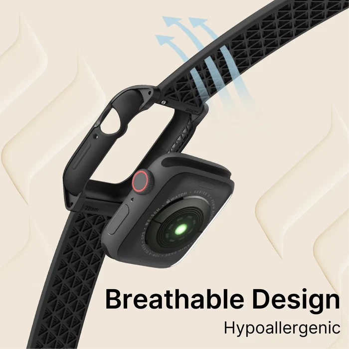 The Catalyst Case US 40mm Rugged Case + Band for Apple Watch Series 6/5/4/SE (Gen 2/1) features a black, perforated band for breathable, hypoallergenic comfort. Shown on a beige patterned background with visible sensors and airflow design highlighted.
