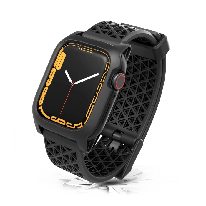 The Catalyst Case US 41mm Rugged Case + Band for Apple Watch Series 9/8/7 features a sleek black design with a large rectangular screen, bold yellow numbers, red-ringed crown, and a patterned strap, displayed on a cracked white surface.