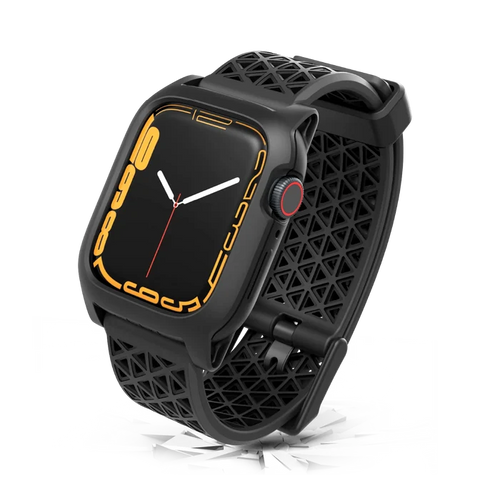 The Catalyst Case US 41mm Rugged Case + Band for Apple Watch Series 9/8/7 features a sleek black design with a large rectangular screen, bold yellow numbers, red-ringed crown, and a patterned strap, displayed on a cracked white surface.