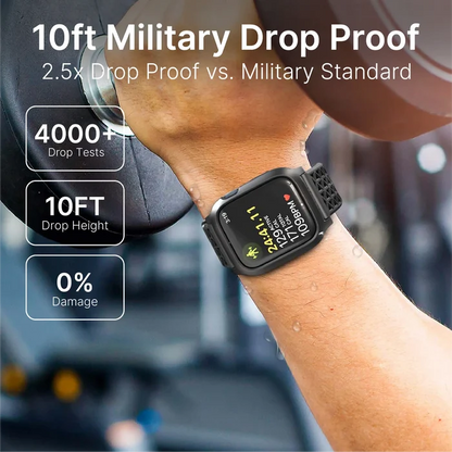 A person lifts a dumbbell wearing the Catalyst Case US 41mm Rugged Case + Band for Apple Watch Series 9/8/7, featuring a black band, fitness display, and highlighted 10ft Military Drop Proof durability.