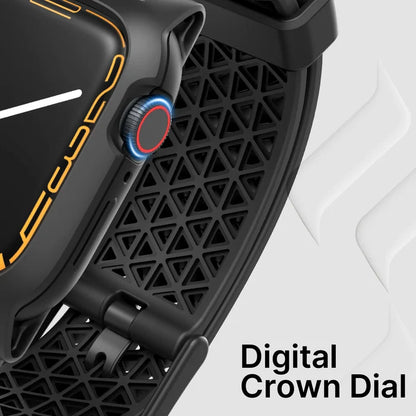 Close-up of the Catalyst Case US 41mm Rugged Case + Band for Apple Watch Series 9/8/7 in black with orange accents, featuring a blue and red digital crown dial, displayed on a textured, geometric-patterned black surface.