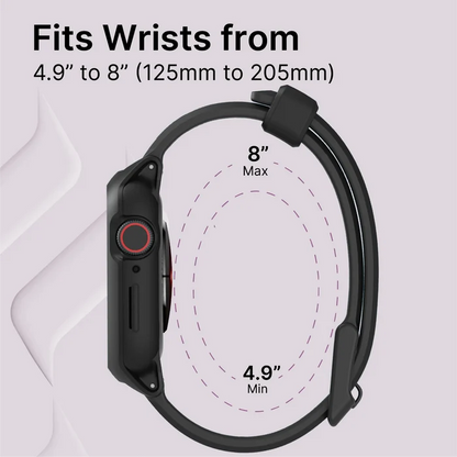 The Catalyst Case US 41mm Rugged Case + Band for Apple Watch Series 9/8/7 is shown with a black sport band, fitting wrists from 4.9'' to 8'' (125mmÃƒÂ¢Ã¢â€šÂ¬Ã¢â‚¬Å“205mm), illustrated by the looped band for min and max wrist sizes.