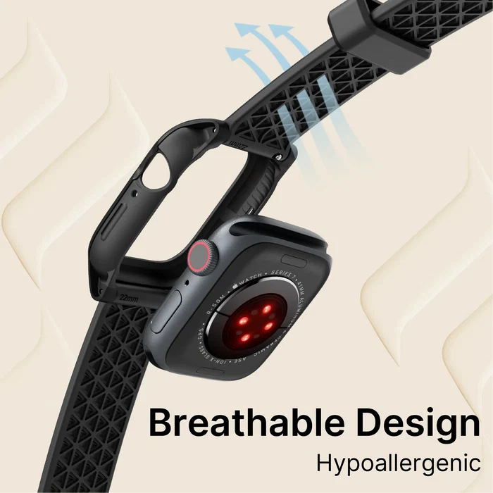 The Catalyst Case US 41mm Rugged Case + Band for Apple Watch Series 9/8/7 is shown in black with a perforated, textured band. Blue arrows highlight the bandÃƒÂ¢Ã¢â€šÂ¬Ã¢â€žÂ¢s breathable and hypoallergenic comfort.