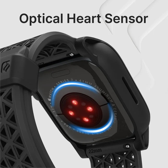 Close-up of the 41mm Catalyst Case US Rugged Case + Band for Apple Watch Series 9/8/7: optical heart sensor glows red and blue, with a striking black geometric band. "Optical Heart Sensor" shows above, and key specs are easy to read on the edge.