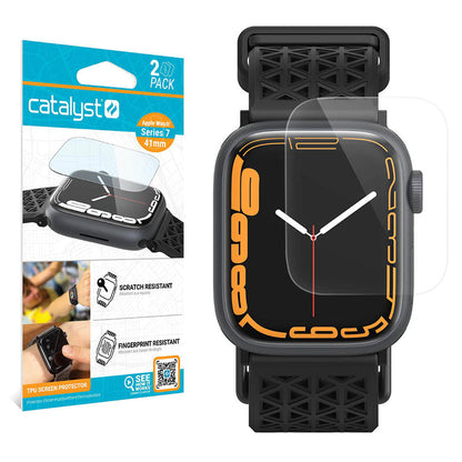 The image shows Catalyst Case US 41mm Screen Protector (2 pack, Clear) for Apple Watch Series 9/8/7. The packaging highlights features, while a black Apple Watch displays an orange digital face with a clear protector partially applied.