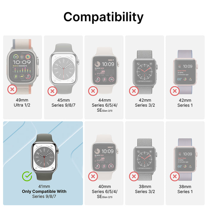 Compatibility chart for Catalyst Case US 41mm Screen Protector (2 pack) shows only the 41mm Apple Watch Series 9/8/7 (bottom left, blue background with green checkmark) is compatible; all others have red Xs and are not supported.