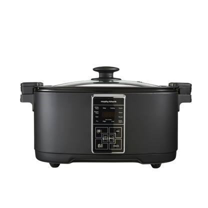 A black Morphy Richards 6.5L Multifunction 10-in-1 Food Cooker with a glass lid and control panel.