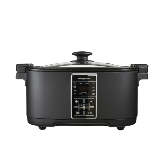 A black Morphy Richards 6.5L Multifunction 10-in-1 Food Cooker with a glass lid and control panel.