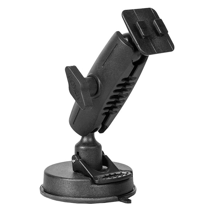 The 80mm Windshield Suction Car Mount - Dual-T Compatible is a black, adjustable heavy-duty mount with a rotating arm and rectangular plate—ideal for securing GPS units or phones to flat surfaces like your car windshield.