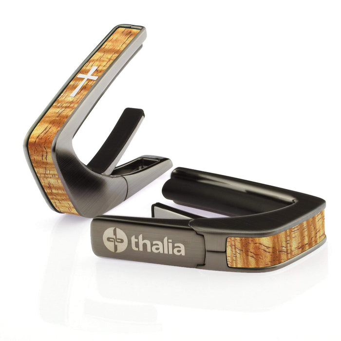 Thalia Capo AAA Grade Curly Hawaiian Koa & Pearl Cross | Capo Brushed Black / Vintage Blonde / Treble (attach capo from bottom of neck)
