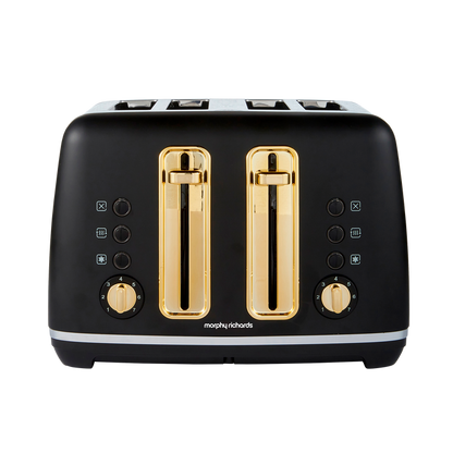 Black toaster with gold accents on a white background