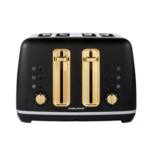 Black toaster with gold accents on a white background