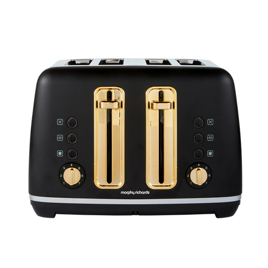 Black toaster with gold accents on a white background
