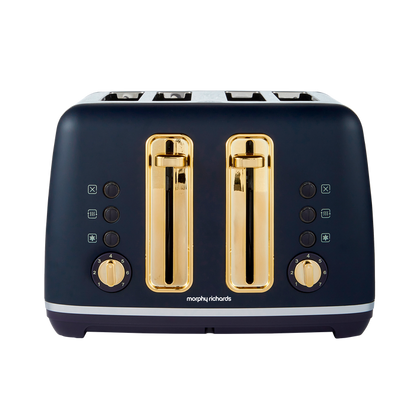 Navy blue toaster with gold accents on a white background