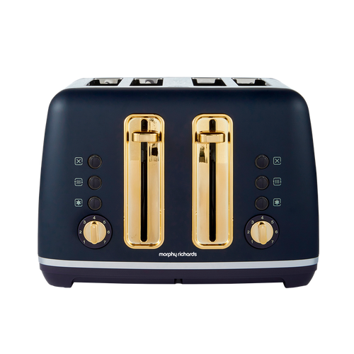 Navy blue toaster with gold accents on a white background