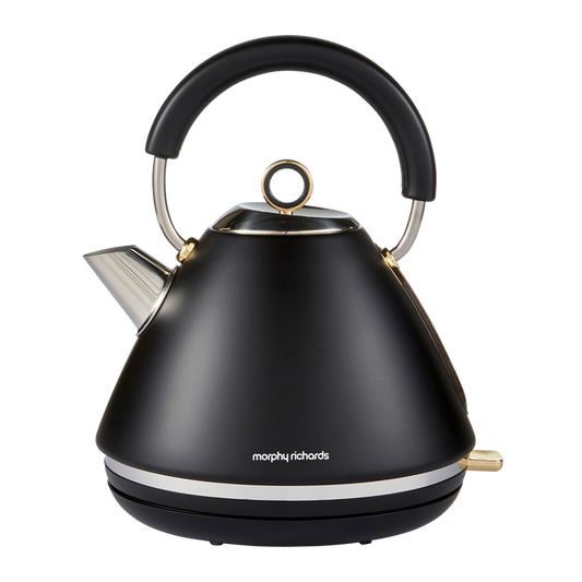Black electric kettle with a modern design on a white background