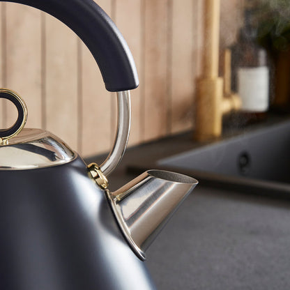 Metallic kettle with black handle on a kitchen counter