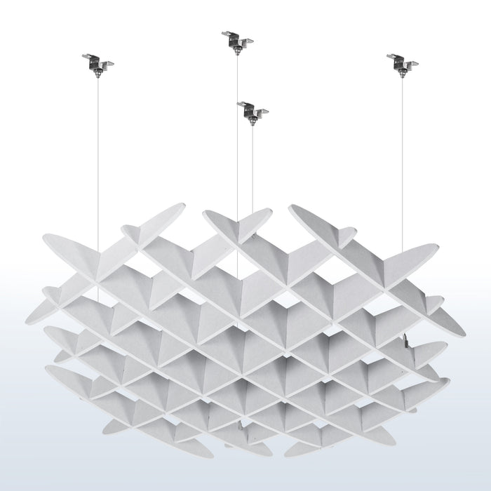 Sleek modern acoustic ceiling waffle panel with sturdy hanging wires for sound dampening.