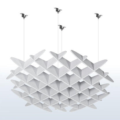 Sleek modern acoustic ceiling waffle panel with sturdy hanging wires for sound dampening.