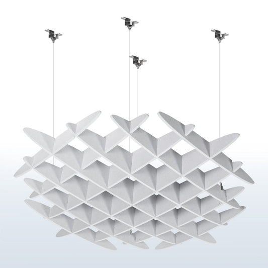 Sleek modern acoustic ceiling waffle panel with sturdy hanging wires for sound dampening.
