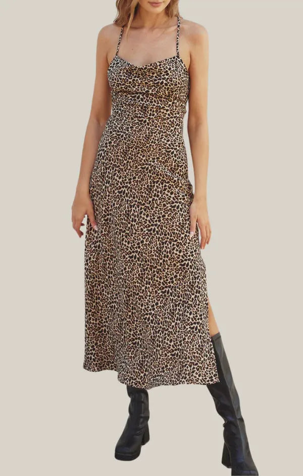 Aida Natural Animal Printed Midi Dress featuring stylish leopard print design