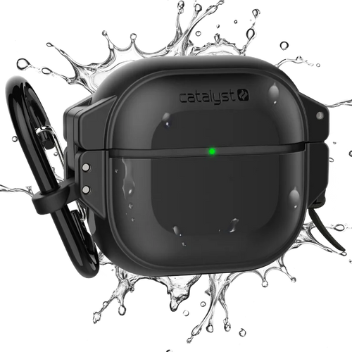 A black Catalyst Case US AirPods 4 - 100M Waterproof Total Protection Case + Carabiner with green LED indicator is shown splashed by water, highlighting rugged, military-grade durability. The white background emphasizes its tough, waterproof design.