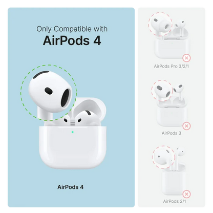 Graphic displays the Catalyst Case US AirPods 4 - 100M Waterproof Total Protection Case + Carabiner (left), labeled "Only Compatible with AirPods 4." Right side: other models crossed out. Includes MagSafe compatibility and military-grade drop protection.