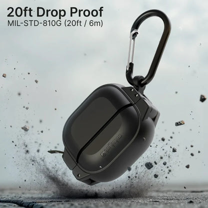 A rugged black Catalyst Case US AirPods 4 - 100M Waterproof Total Protection Case + Carabiner hits the ground amid debris, showing military-grade drop protection. Text above reads "20ft Drop Proof MIL-STD-810G (20ft / 6m)".