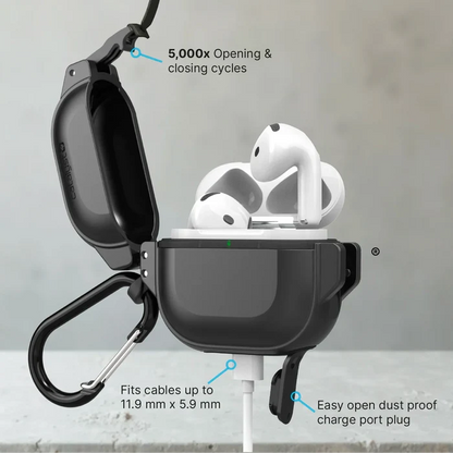 The Catalyst Case US AirPods 4 - 100M Waterproof Total Protection Case + Carabiner (black) features military-grade drop protection, survives 5,000x openings, fits cables up to 11.9mm x 5.9mm, and has a dust-proof charge port plug.