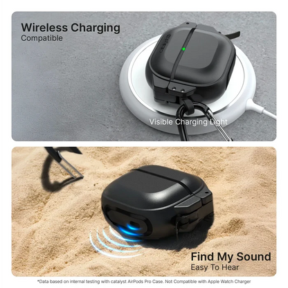 Split image: Top shows Catalyst Case US AirPods 4 - 100M Waterproof Total Protection Case + Carabiner on a wireless charging pad with "MagSafe Compatible." Bottom: case emits blue sound waves on sand, captioned "Find My Sound, Easy To Hear.