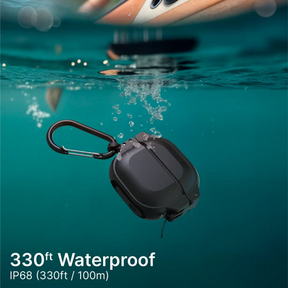 A Catalyst Case US AirPods 4 - 100M Waterproof Total Protection Case + Carabiner is submerged underwater below a paddleboard, bubbles rising. Text: “330ft Waterproof IP68 (330ft / 100m)” on a teal-blue background.