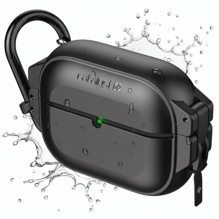 A Stealth Black Catalyst Case US AirPods Pro 3 - 100M Waterproof Total Protection Case with military-grade drop protection, visible water droplets, a green charging light, and a black carabiner is shown against a white background with water splashes.
