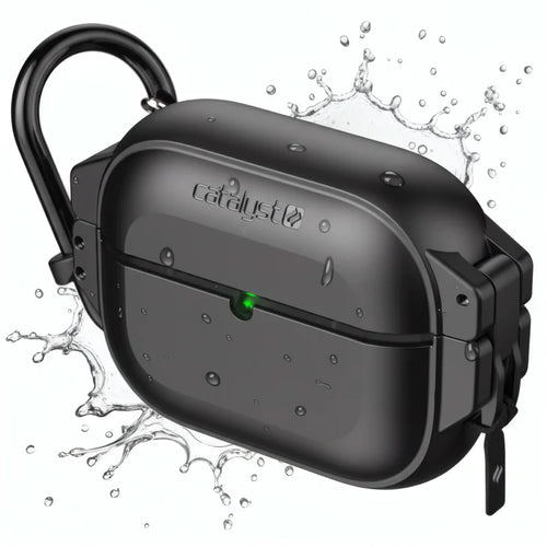 A Stealth Black Catalyst Case US AirPods Pro 3 - 100M Waterproof Total Protection Case with military-grade drop protection, visible water droplets, a green charging light, and a black carabiner is shown against a white background with water splashes.