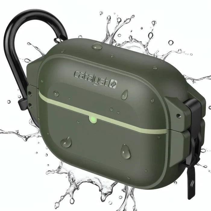 A green glow-in-the-dark Catalyst Case US AirPods Pro 3 100M Waterproof Total Protection Case with a black carabiner attached on the left is shown, featuring water droplets and splashes to highlight its waterproof and drop-proof features.