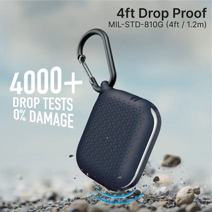 A Catalyst Case US AirPods Pro (Gen 3/2/1) Waterproof Case with carabiner lands on gravel, rocks around it. Text: "4ft Drop Proof, MIL-STD-810G, 4000+ Drop Tests, 0% Damage." Blurred background emphasizes impact and rugged protection.