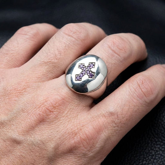 Man wearing the amethyst cross ring on the index finger, demonstrating the 18mm x 22mm size.