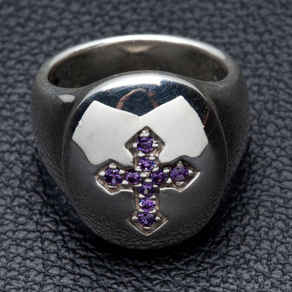 Amethyst cross sterling silver ring — Top front view