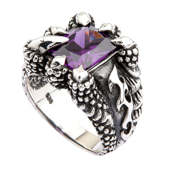 The sterling silver purple amethyst claw ring, isolated on a white background.