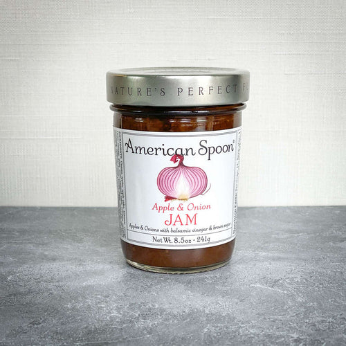 American Spoon Apple and Onion Jam jar with sweet Michigan Northern Spy apples and caramelized onions.