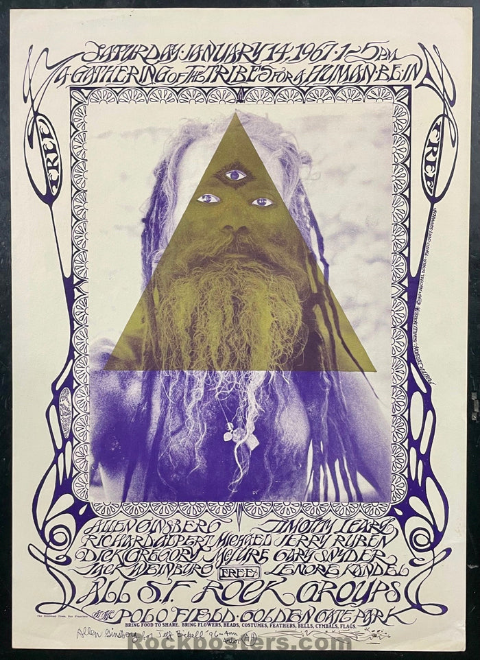 AUCTION - AOR 2.217 - Human Be-In - Allen Ginsberg & Stanley Mouse SIGNED - 1967 Poster - Excellent