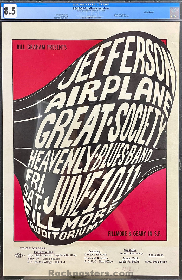 AUCTION - BG-10 - Jefferson Airplane - Wes Wilson - 1966 Poster - Fillmore  Auditorium - CGC Graded 8.5 - SF Rock Posters & Collectibles