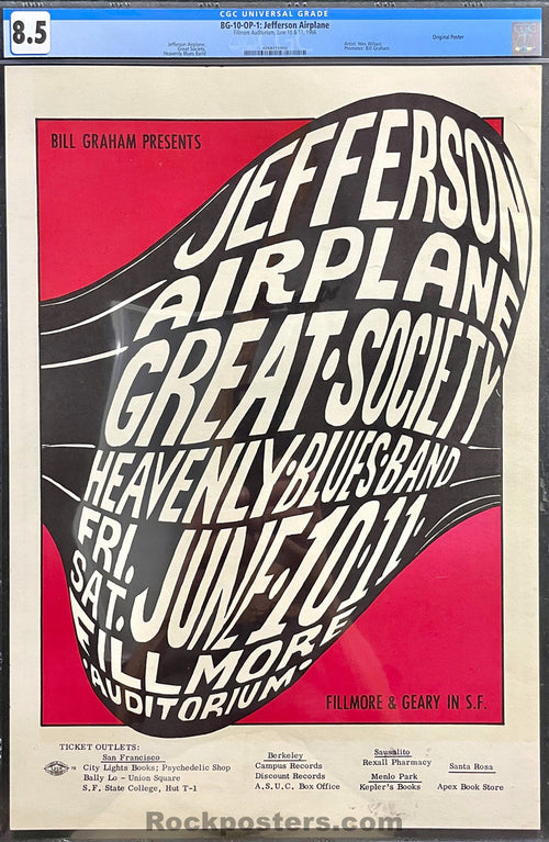 AUCTION - BG-10 - Jefferson Airplane - Wes Wilson - 1966 Poster - Fillmore  Auditorium - CGC Graded 8.5 - SF Rock Posters & Collectibles