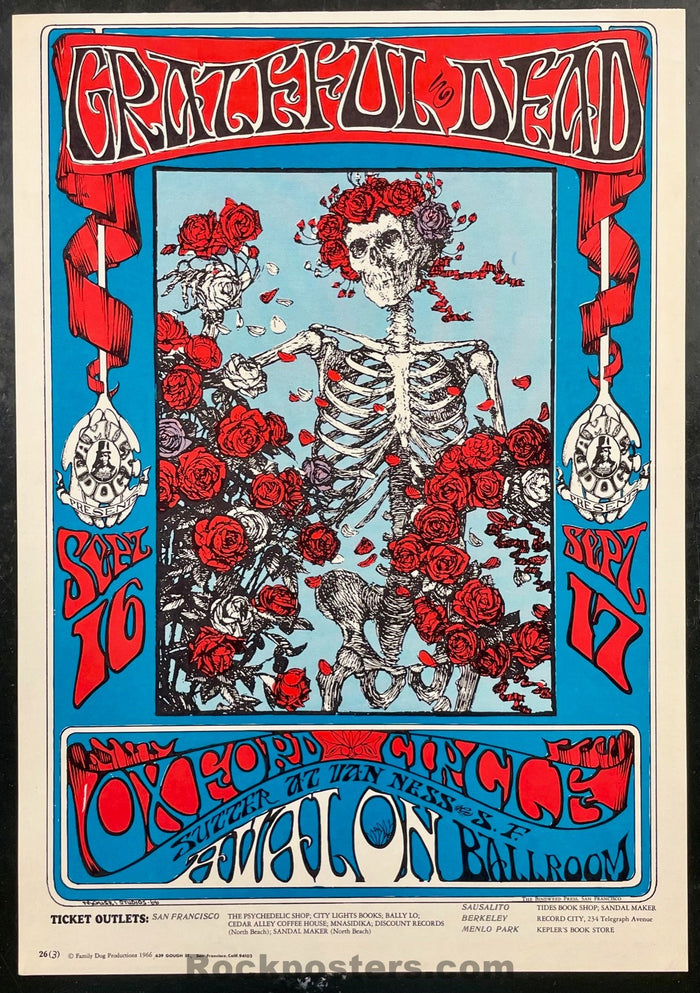 AUCTION - FD-26-RP-3 - Grateful Dead - Skeleton & Roses - Mouse & Kelley - 1966 Poster - Avalon Ballroom - Near Mint Minus